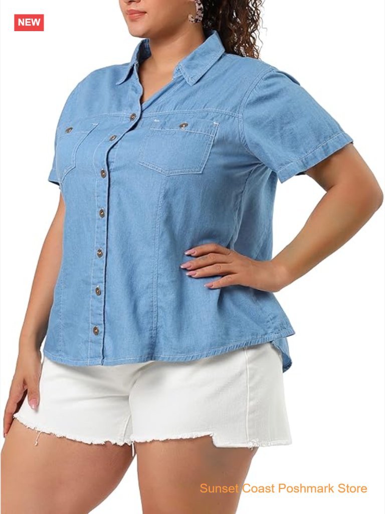 Short Sleeve Chambray Button Down Shirt Casual Denim Top